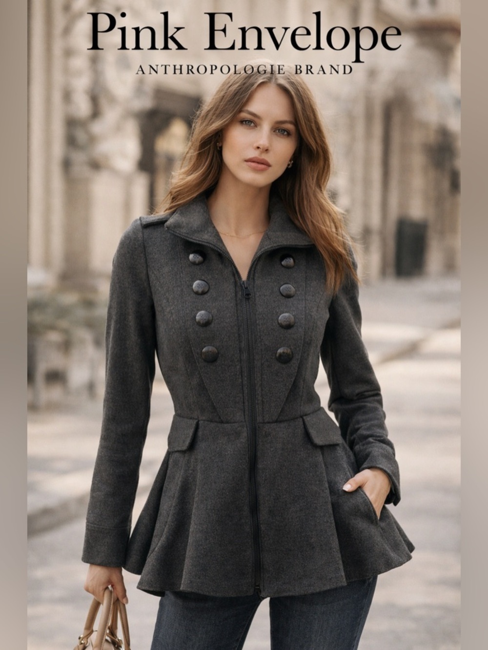 Anthropologie Pink Envelope Charcoal Military Peplum Coat Jacket Size S